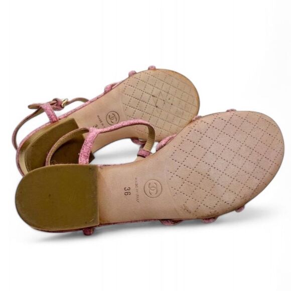 Authentic CHANEL Dusty Pink Tweed CC Logo Camellia Flower Sandals Size E… - Picture 11 of 14